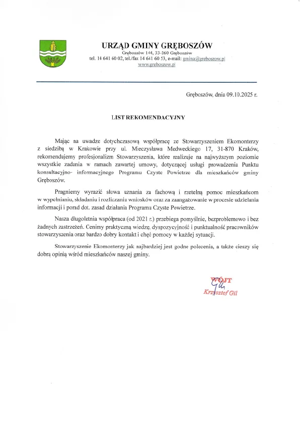 List rekomendacyjny — Gmina Gręboszów