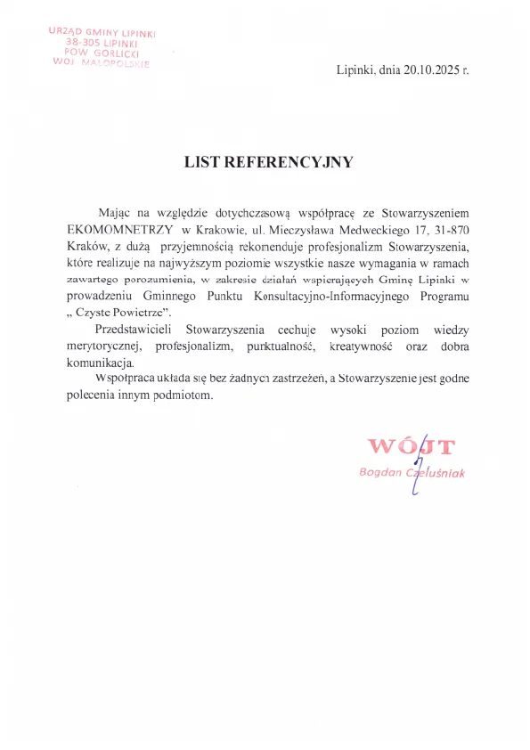List referencyjny — Gmina Lipinki